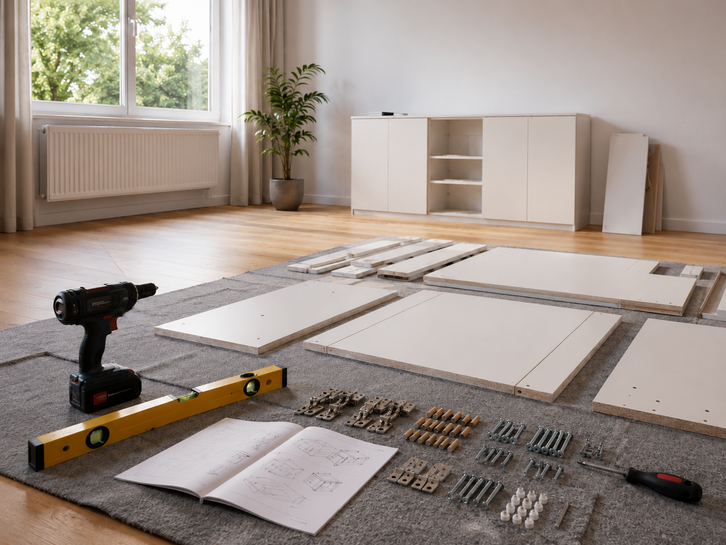 Vorbereitung der Möbelmontage mit sortierten Bauteilen und Werkzeugen